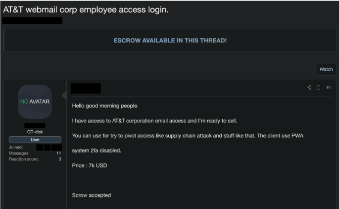 A cybercriminal selling AT&T webmail corporate employee access