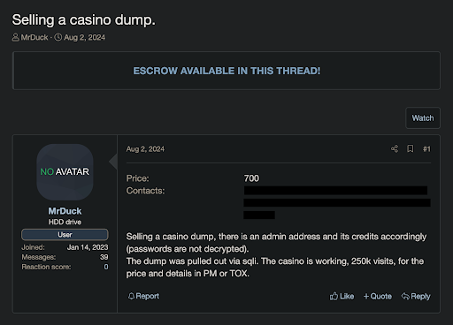 An example of SQL injection being used to compromise a casino