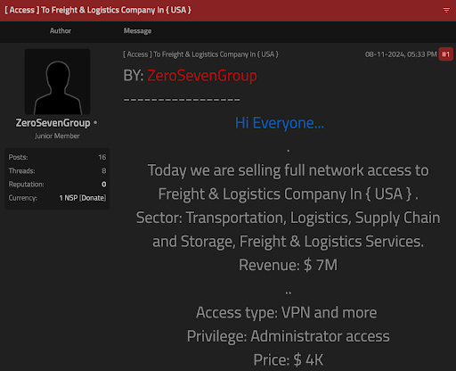 An example of a cybercriminal selling access to a supply chain