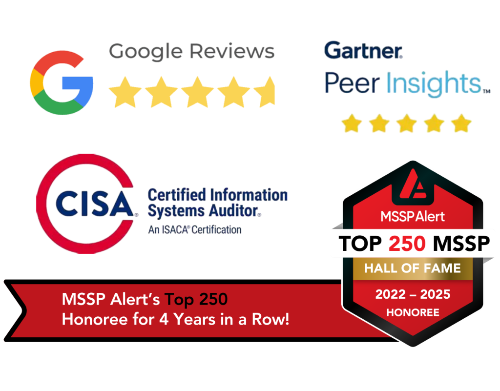 4 stars google review, gartner peer review expert rating, winner of mssp alert top 250 mssp for2022, 2023, 2024, 2025